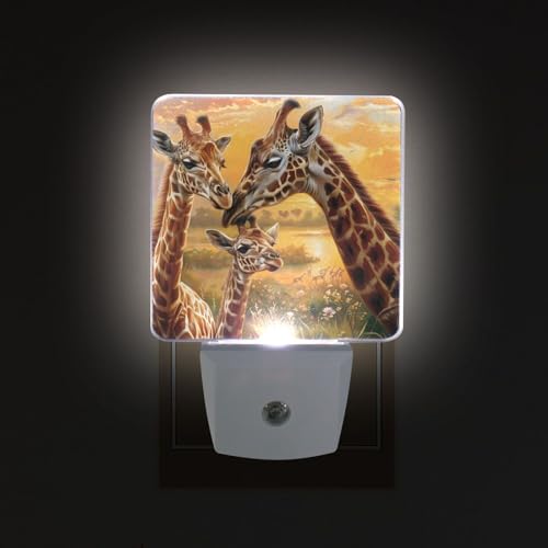 Image of Giraffes Family Night Lights 2 Pack Plug-in Wall Led Nightlight Auto Dusk-to-Dawn Sensor Lamps for Bedroom Kitchen Bathroom
