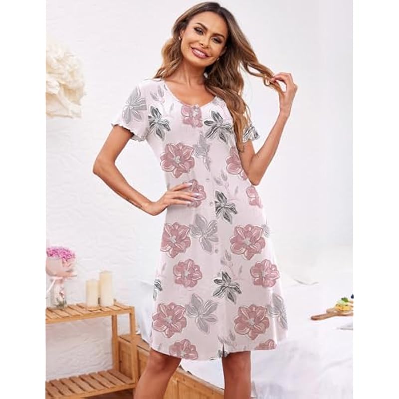 Ekouaer Womens Nightshirt Short Sleeve Button Down Nightgown V-Neck Sleepwear Pajama Dress 상세이미지 3