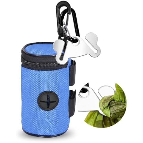 Dog Poop Bag Holder for Leash Attachment - Waste Bag Dispenser for Leash - Fits Any Dog Leash - Portable Set with Hand Free Holder Metal Carrier, Round Shape, Blue Cover