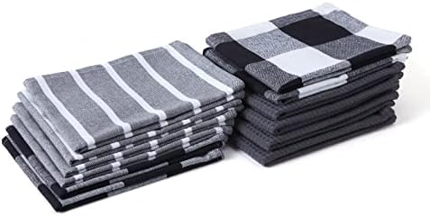 Encasa Tea Towels - Kitchen Dish towels X-Large 70 x 45 cm (5pc Set Waffle, Stripe, Check) Eco-Friendly Cotton, Highly Absorbent Teatowel for Quick Cleaning & Drying Plates & Glasses - Red