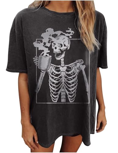 Oversized Hot Coffee Skeleton Shirt Women Halloween Skeleton Tshirt Funny Skull Graphic Tees Trendy Casual Loose Blouse
