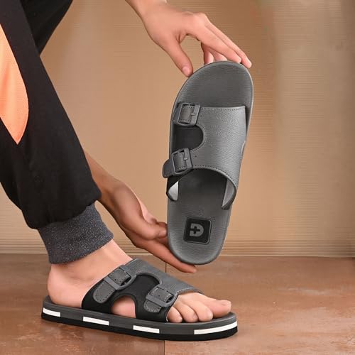 Image of DOCTOR HEALTH SUPER SOFT Men Comfortable Double Strap Slippers with Adjustable Buckles, Cushioned Footbed and Anti Slip Sole, Casual Everyday Wear Sliders for Indoor and Outdoor Use