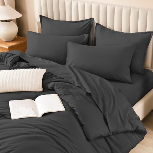 Image of Litanika Comforter Full Size Set Dark Grey - 7 Pieces Bed in a Bag Full Bedding Comforter Sets, Plain Lightweight Bed Set with Comforter, Sheets, Pillowcases & Shams