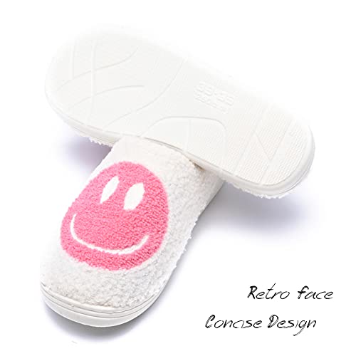 Aiminuo Women's Men's Retro Preppy Happy Face Slippers Comfy Warm Plush Slip-On House Slipper For Winter Indoor Soft Cushion Non-Slip Fluffy Slides Slippers White-Pink 9.5-10.5 Women/9-10 Men #TOP2