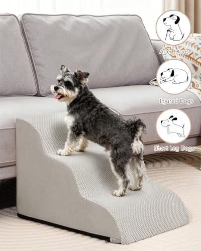 Image of Aodisman Dog Stairs for Small Dogs,3 Step Dog Ramp for Couch,Non-Slip Steps | Pet stairs help small dogs,old cats,and puppies reach couches and chairs easily,durable indoor dog steps,15.4 inch H,Light Grey