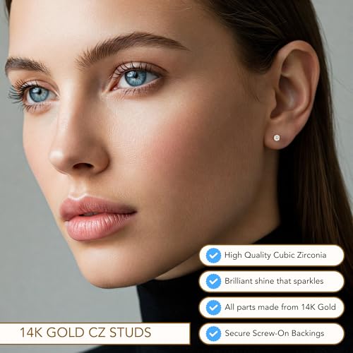 14k Yellow Gold Solitaire Round Cubic Zirconia Stud Earrings in Secure Screw-backs4