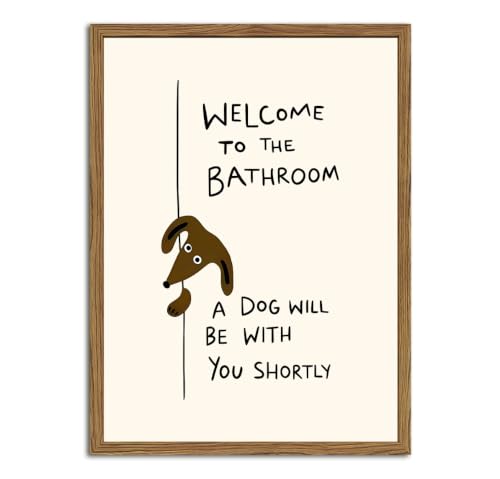 Welcome to the Bathroom Wall Art Funny Dog Bathroom Sign Wall Decor Picture Cute Animal Restroom Quote Poster Canvas Painting Prints 12x16 inch Wood Framed