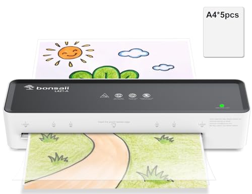 Bonsaii A4 Laminator Machine with 5 Laminating Sheets – 80-100mic Compatible, Compact & Portable Design, ABS Jam Release for Smooth Operation, Perfect for Home & Office Use (L421-A)