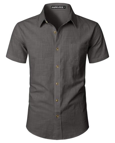 PARKLEES Men's Fitted Cotton Linen Casual Short Sleeve Button Up Shirts Lightweight Beach Tops with Pocket Dark Grey M