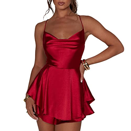 LouVasabuce Frauen Sexy Rückenfrei Kurz Strampler Satin Kleid Wasserfallkragen Krawatte Rüschen Schicht Spaghettiträger Jumpsuit Minikleid, Rot/Ausflug, einfarbig (Getaway Solids), Small