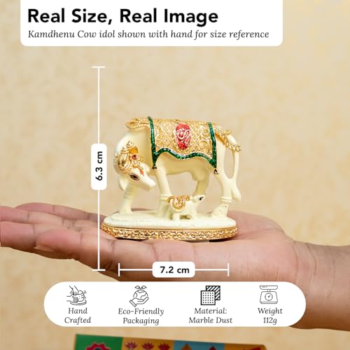 Image of Ekhasa 24K Gold Plated Kamdhenu Cow with Calf Idol Gift Box | Handpainted Gomatha Statue for Pooja Room Home Decor | Vastu Feng Shui Religious Housewarming Griha Pravesh Diwali Gift