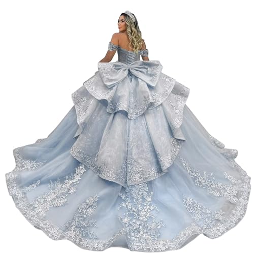 Zhangyo Off Shoulder Quinceanera Dresses Luxury Tiered Tulle Sweet 15 16 Dresses with Bow Sparkly Lace Beaded Ball Gown