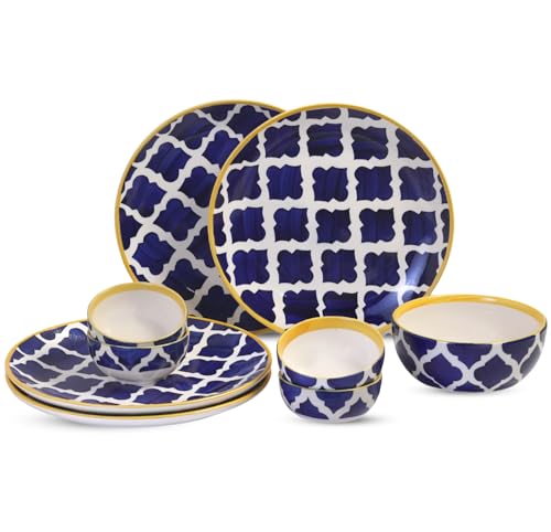 Image of Freakway Premium Moroccan Hand Glazed Ceramic Dinner Set of 9 Pieces for Dinner with Bowls | 4 Dinner Plates and 4 Serving Bowl /katori & 1 Large Bowl| Microwave & Dishwasher Safe - Blue