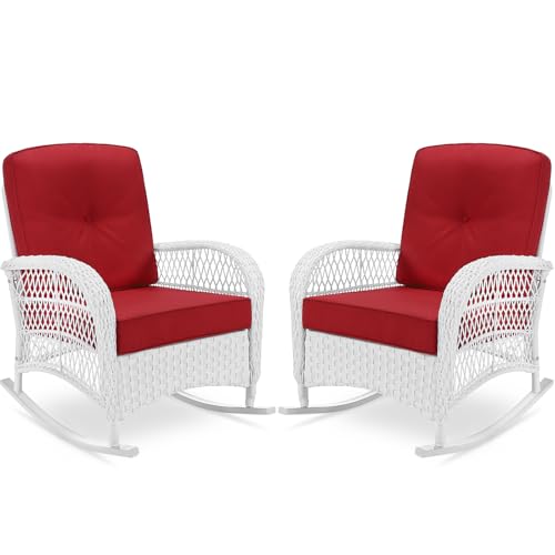 VIVIJASON 2 Piece Patio Wicker Rattan Rocker Chair, Outdoor Rattan Rocker Chair with Cushions & Steel Frame, All-Weather Rocking Lawn Wicker Furniture for Garden Backyard Porch (White Wicker/Red)
