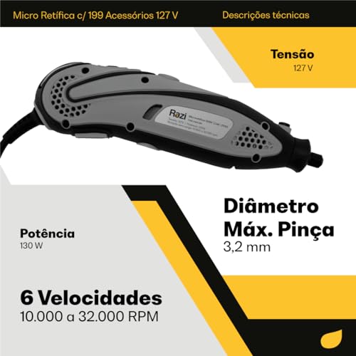Razi, Micro Retífica com 199 Acessórios, 130W, 3,2mm, 220v