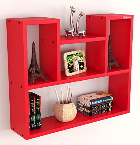 Image of Madhuran Wood Riya Books Cum Display Wall Rack Shelves Set of1 Red