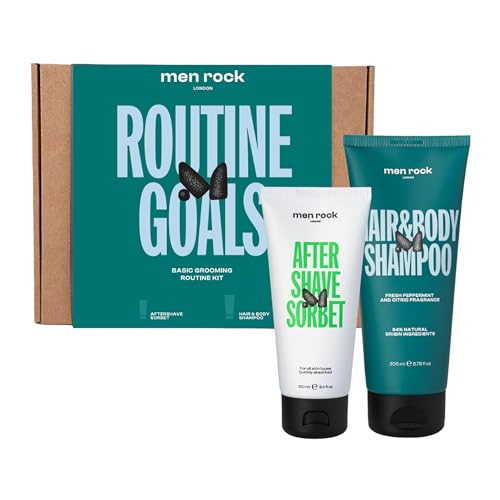 Men Rock Routine Goals Basic Grooming Kit - Mens Skin Care Set - Aftershave for Men - Face Moisturizer Cream - Hair and Body Wash Shampoo - 2 Pc