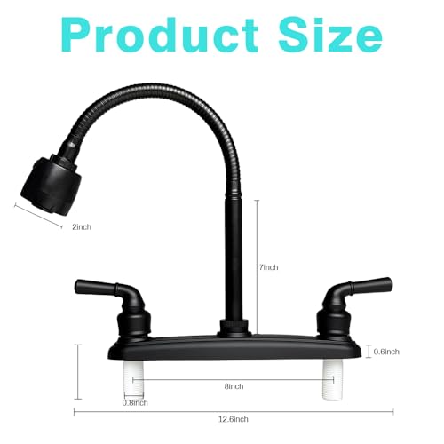 Image of RV Kitchen Faucets,Flexible Spout RV Kitchen Sink Faucet Replacement with Two Handle-8 inch Main Body,High Arch-360 Swivel Replace for RV Home Campers Motorhomes Travel Trailers,Black