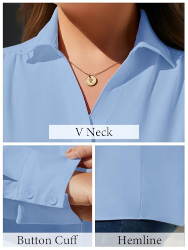 Charming Ashley Plus Size Womens Solid Color V Neck Button Down Blouse Long Sleeve Casual Business Dressy Blouses XL-5XL Light Blue — view 6