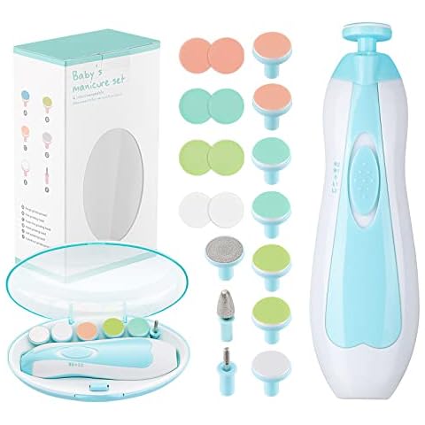 Zooawa Baby Nail Trimmer Electric Nail File Kit, Safe Baby Fingernail Clippers Nail Cutter Newborn Nail Clippers Baby Nail Care Set for Infant Kids Adult Toes + Fingernails, with LED Light, Light Blue Cover