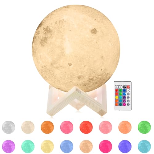 CUQOO 3D Moon Lamp Night Light with Elegant Wooden Stand – Realistic White Moon Light with Touch Control & USB Charging | Rechargeable 3D Printed Bedside Lamp | Beautiful Full Moon Table Lamp