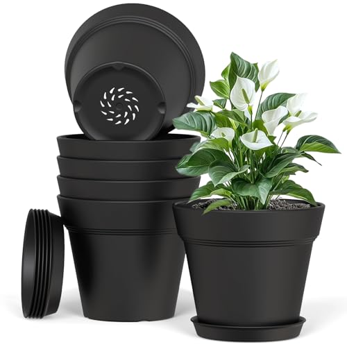 Plastic Plant Pots Indoor Outdoor, 6 Pack 5Inch/12.7CM Plant Pots Flower Pot with Drainage Holes and Tray,Modern Decorative Planter Pot for All House Plants(Black)