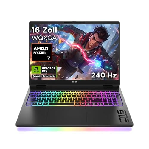 Omen MAX Gaming Laptop, 16 Zoll WQXGA Display 240Hz, AMD Ryzen AI 7 350 (8C) 50 NPU Tops - bis zu 5.0 GHz, NVIDIA GeForce RTX 5070 Ti 12GB VRAM, 32 GB RAM, 1 TB SSD, Win 11, QWERTZ, RGB Light, Schwarz