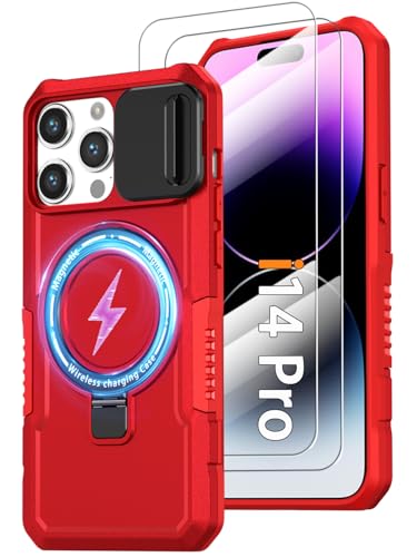 Magnetic Case for iPhone 14 Pro, with Ring Stand [2X Screen Protector] [Compatible with MagSafe] Military Grade Protective Case with Camera Cover, Heavy Duty Shockproof Cover for iPhone 14Pro, Red