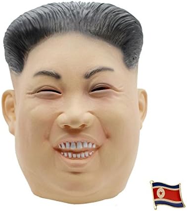 [1 x Fat Kim Jong Un Latex Mask + 1 x North Korea Flag Badge Pin Bundle Set] - Rocketman Halloween Party Costume Dictator