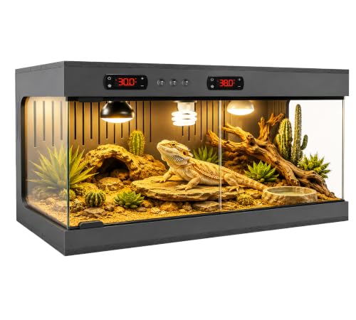 Reptilien Terrarium 80 x 40 x 40 cm, PVC Terrarium mit Doppeltem Thermostat, 3 E27 Fassungen, Schiebetüren aus gehärtetem Glas, ausbruchsichere Verriegelung, für Gecko, Schlange, Bartagame(schwarz)