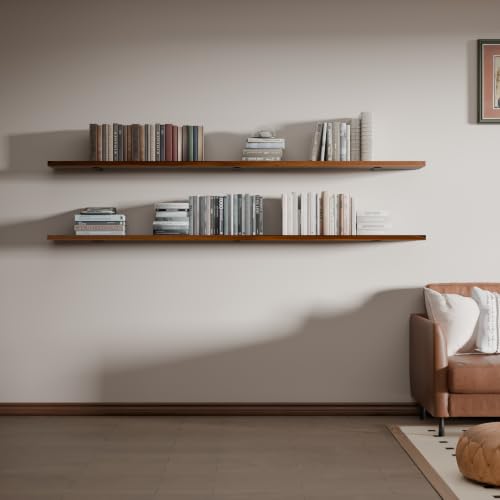 Image of 72 Inch Long Floating Shelf for Wall, 2 Tier Solid Wood Floating Book Shelf,Walnut Large Wall Shelf with Heavy Duty Brackets,Floating Bookshelf for Living Room