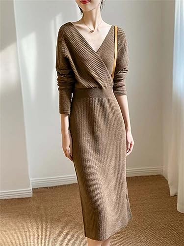 Women's Long Sleeve Sweater Dress Solid V Neck Slim Knitted Long Dress3