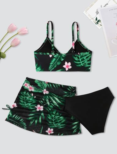 SEAUR Girls' Fashion Bikini Sets Cute 3 Piece Swimsuits V Neck Floral Printed Swimwear Beach Bathing Suit with Cover Up Skirt2