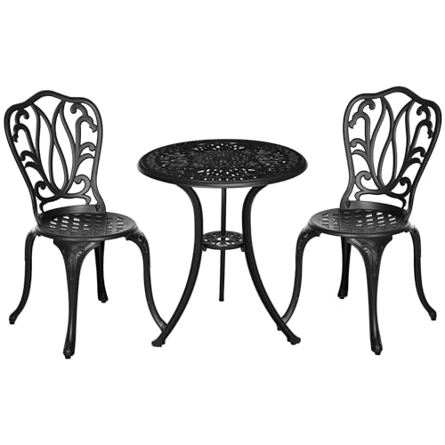 Outsunny - Conjunto de salón de jardín, Mesa y Sillas Terraza, Muebles Exterior, 2 plazas, 2 sillas, mesa redonda, estilo retro, de aluminio fundido, color negro