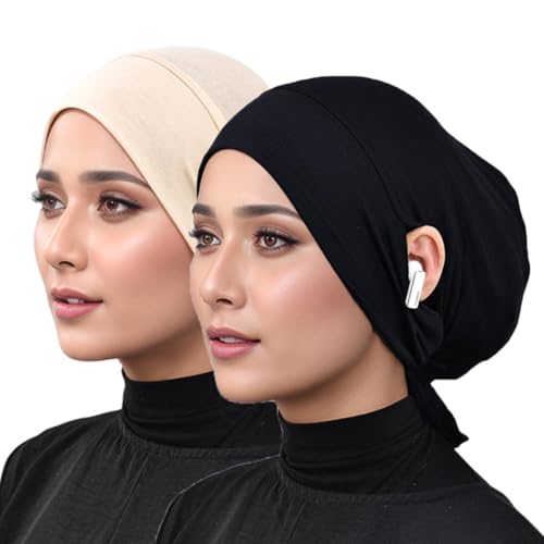 Hophor Hijab Undercaps Slouchy Beanies Cap Soft Hijab Caps Under Scarf for Women Muslim Jersey Inner Beain-Cap(Black+Beige)