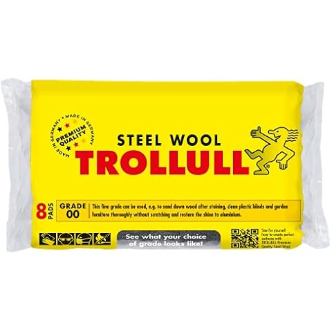 TROLLULL Steel Wool | Wire Wool fine 00 can be used to sand wood, clean plastic blinds and garden furniture, and polish aluminium, 8 pads 200g Cover
