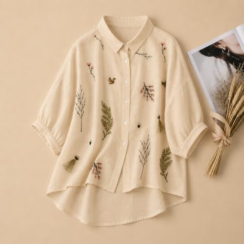 Image of Gufrina Women Designer Botanical Embroidered Korean Style Shirt | Button Down Relaxed Fit | High Low Hem Three Quarter Sleeve | Casual Smart Top-Shirt