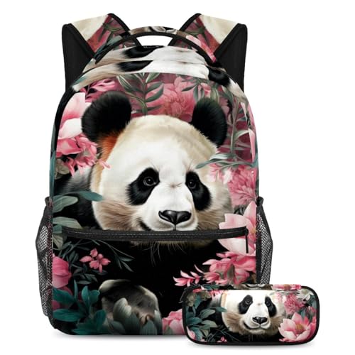 Sac à dos panda motif floral Large, grand ensemble cartable avec trousse à crayons intégrée