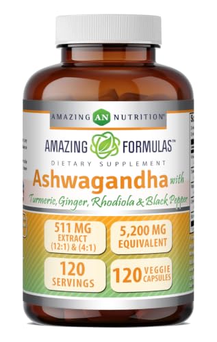 Amazing Formulas Ashwagandha Supplement | Contains Turmeric, Ginger, Rhodiola, & Black Pepper | 5200 Mg Per Serving | Veggie Capsules | Non-GMO | Gluten-Free | Made in USA (1 Pack, 120 Count)