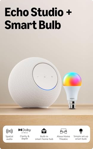 Image of Amazon Echo Studio (newest model), Alexa speaker with immersive spatial audio and Dolby Atmos, hands-free smart home management, Bluetooth, Glacier White, combo with 9W Smart Bulb