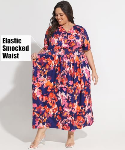 Image of CARCOS Plus Size Dresses for Curvy Women V Neck Summer Maxi Dress Short Sleeve Floral Boho Dress Smocked Waist Beach Dress
