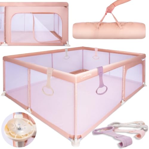 sun baby Parque Infantil con asa rosas 150x200 cm 0-2 años Salmón, poliéster, paredes de malla, entrada con cremallera, pies antideslizantes, bolsa incluida, estructura metálica
