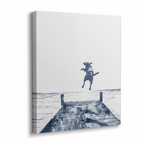 Happy Dog Jumps Off Dock Wall Art Nursery Decor,Summertime Lake