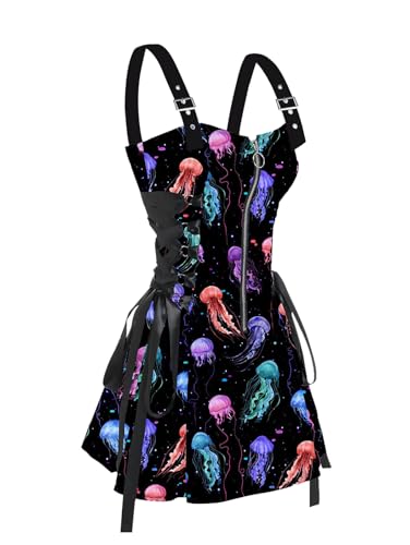 DRESSFO Women’s Gothic Buckle Strap Mini Dress – Lace Up Zipper Dress in Jellyfish Print (Multi/2X)