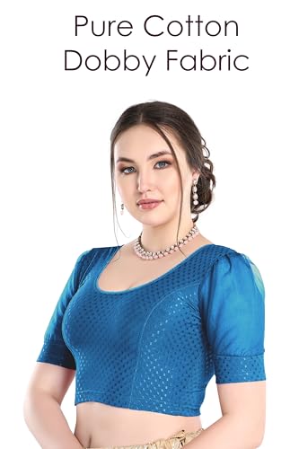 Image of FINESTFIT Stay On Trend Fashion 100% Cotton Readymade Blouses for Women,Round Neckline with Organza Balloon Sleeves.
