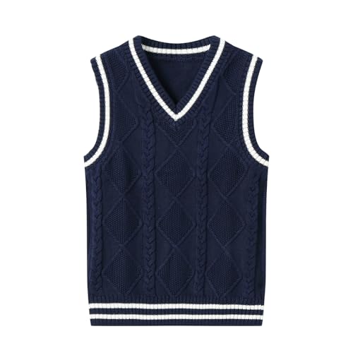 FastRockee Girls V Neck Sweater Vest Cotton Cable Knit Sleeveless Striped Trim Uniform Vest Back to School Navy Blue Size 12-14