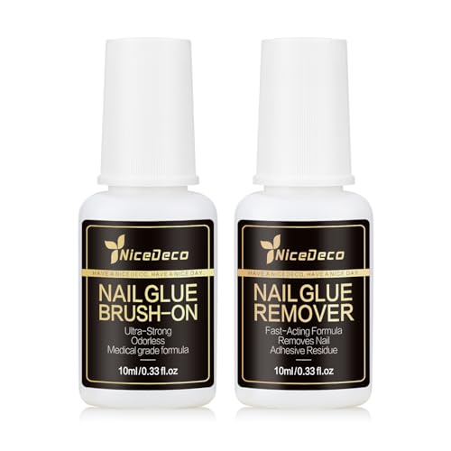 NiceDeco Nail Glue and Remover Set For Press On Nails Ultra-Strong Medical Grade Formula for Fake Nails Brush-On Application for Nail Tips Fast-Acting 2 x 10ml/0.33 fl.oz Bottles
