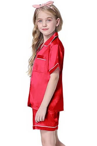 Image of Schbbbta Girls Womens Pajamas, Satin Silky Pjs Set Kids 2Pcs Button-Down Nightwear Sleepwear Gift for Mommy and me