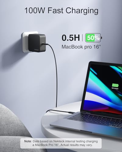 Image of Nekteck 100W USB C Charger, Compact and Foldable Fast Charging GaN IV Charger with 6.6 Ft Cable, Compatible with MacBook Air /Pro, iPad Pro and All USBC Devices (Black)