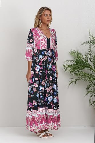 Image of Women Short Sleeve V Neck Floral Print Casual Bohemian Maxi Dresses